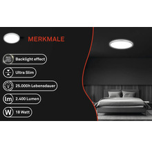 Plafondlamp met achtergrondverlichting en technische gegevens in de slaapkamer