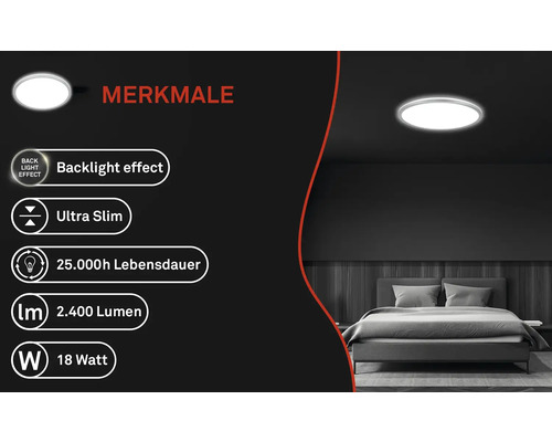 Plafondlamp met achtergrondverlichting en technische gegevens in de slaapkamer