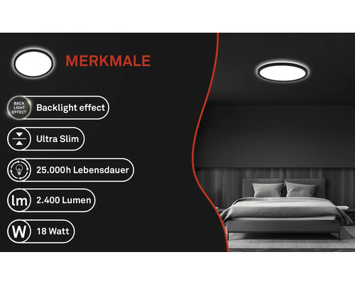 Plafondlamp met achtergrondverlichting en overzicht van de technische gegevens