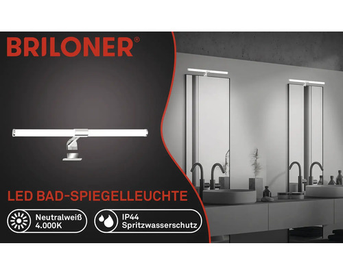 LED badkamerspiegellamp met IP44 spatwaterdichtheid en 4.000K neutraal wit licht. Briloner Logo.