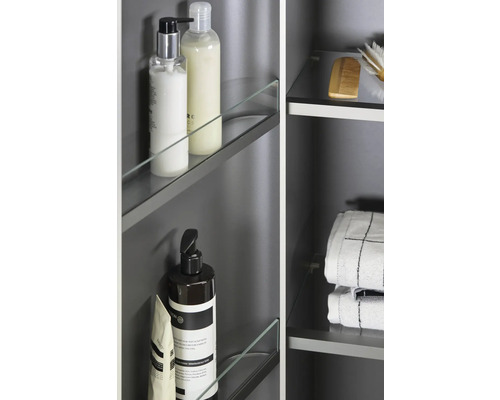 Detailopname van een badkamerkast met glazen planken en diverse badkamerartikelen zoals zeep, shampoo, handdoeken en een borstel