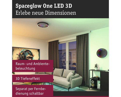 Woonkamer met Spaceglow One LED 3D-plafondlamp en wandlamp voor ruimte- en sfeerverlichting met diepte-effect, afzonderlijk schakelbaar met afstandsbediening.
