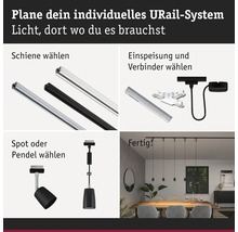 Illustratie van de planning van een individueel URail-systeem met rails, voeding, verbindingsstukken, spots en pendelarmaturen.