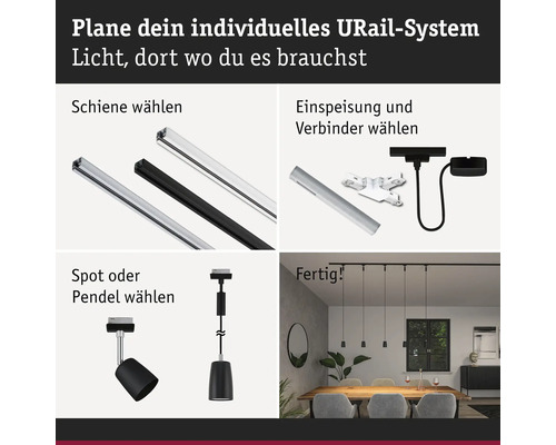 Illustratie van de planning van een individueel URail-systeem met rails, voeding, verbindingsstukken, spots en pendelarmaturen.