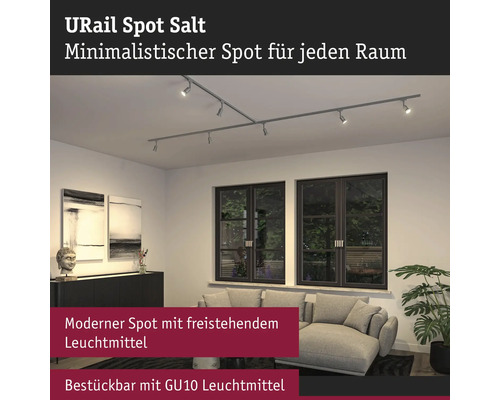 URail Spot Salt railsysteem met meerdere spots in een woonkamer.