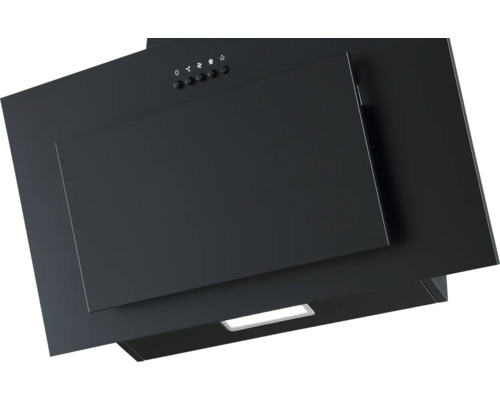 Zwarte afzuigkap met bedieningspaneel en verlichting.