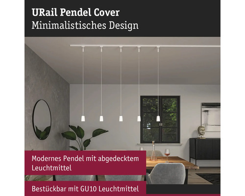 Moderne eetkamer met URail railsysteem en meerdere pendelarmaturen met GU10 lampen