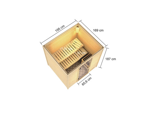 Illustratie van een sauna met afmetingen 195 cm bij 169 cm bij 187 cm