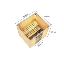 Binnenaanzicht van een houten sauna met banken en afmetingen