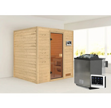 Houten sauna met glazen deur en kachel