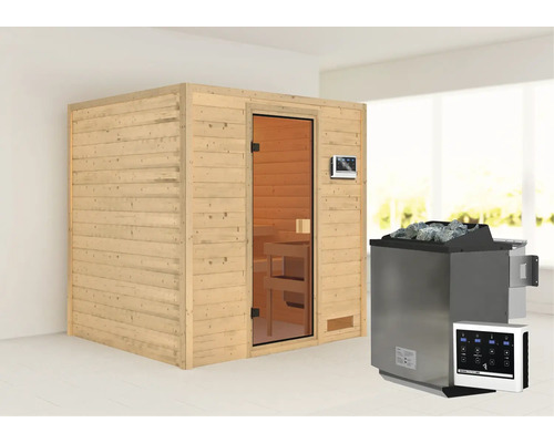 Houten sauna met glazen deur en kachel