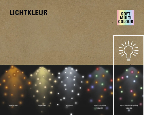 Lichtkleuren: amber, warm wit, koud wit, verschillende kleuren en verschillende zachte kleuren.