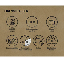 Eigenschappen: 1000 LEDs, 30 meter lengte, geschikt voor binnen en buiten, stroomaansluiting, timerfunctie, dimbaar, 8 lichtfuncties