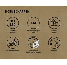 Eigenschappen: 768 ledlampen, 6 meter verlichtingstraject, geschikt voor binnen en buiten, stroomaansluiting, timerfunctie, dimbaar