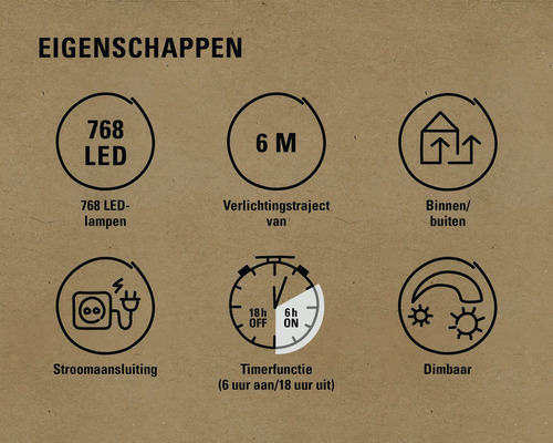 Eigenschappen: 768 ledlampen, 6 meter verlichtingstraject, geschikt voor binnen en buiten, stroomaansluiting, timerfunctie, dimbaar