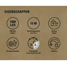 Eigenschappen: 1500 ledlampen, 15 meter verlichtingstraject, geschikt voor binnen en buiten, stroomaansluiting, timerfunctie (zes uur aan / achttien uur uit), dimbaar