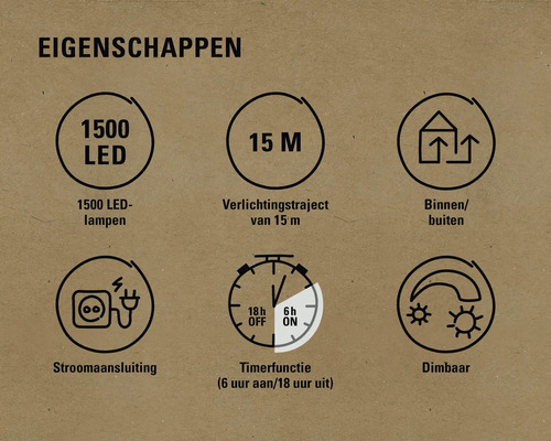 Eigenschappen: 1500 ledlampen, 15 meter verlichtingstraject, geschikt voor binnen en buiten, stroomaansluiting, timerfunctie (zes uur aan / achttien uur uit), dimbaar