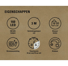 Eigenschappen: 160 ledlampen, 3 meter verlichtingstraject, binnen en buiten, stroomaansluiting, timerfunctie, dimbaar