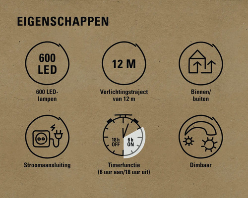 Eigenschappen: 600 LED lampen, 12 meter verlichtingstraject, geschikt voor binnen en buiten, stroomaansluiting, timerfunctie zes uur aan en 18 uur uit, dimbaar.