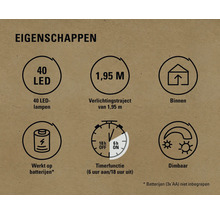 Eigenschappen: 40 ledlampen, 1,95 meter verlichtingstraject, binnen, werkt op batterijen, timerfunctie zes uur aan en achttien uur uit, dimbaar