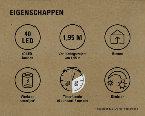 Eigenschappen: 40 ledlampen, 1,95 meter verlichtingstraject, binnen, werkt op batterijen, timerfunctie zes uur aan en achttien uur uit, dimbaar