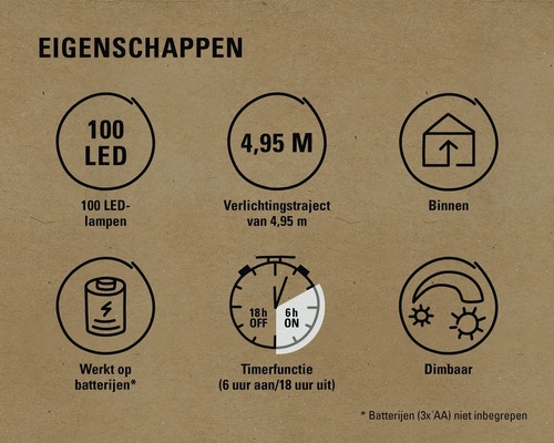 Eigenschappen: 100 ledlampen, verlichtingstraject van 4,95 meter, geschikt voor binnen, werkt op batterijen, timerfunctie (6 uur aan/18 uur uit), dimbaar