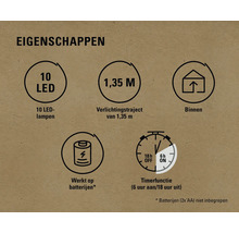 Eigenschappen: 10 ledlampen, verlichtingstraject van 1,35 meter, geschikt voor binnen, werkt op batterijen, timerfunctie (zes uur aan, achttien uur uit)