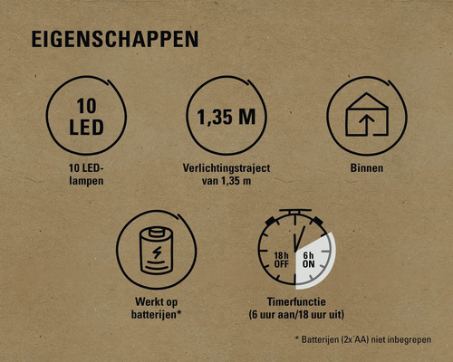 Eigenschappen: 10 ledlampen, verlichtingstraject van 1,35 meter, geschikt voor binnen, werkt op batterijen, timerfunctie (zes uur aan, achttien uur uit)