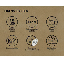 Eigenschappen: 225 LEDs, 1,02 meter lengte, geschikt voor binnen en buiten, stroomaansluiting, timerfunctie (6 uur aan, 18 uur uit), 8 lichtfuncties