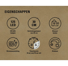 Eigenschappen: 125 ledlampen, 30 cm verlichtingstraject, geschikt voor binnen en buiten, stroomaansluiting, timerfunctie, dimbaar