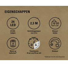 Kenmerken: 24 leds, 2,3 meter verlichtingstraject, geschikt voor binnen en buiten, werkt op batterijen, timerfunctie en dimbaar