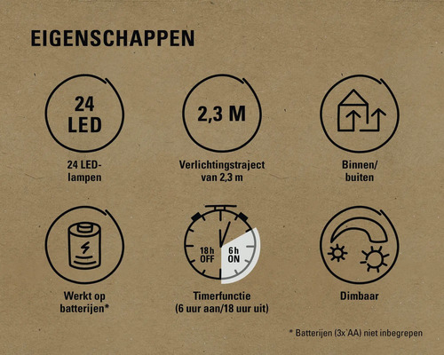 Kenmerken: 24 leds, 2,3 meter verlichtingstraject, geschikt voor binnen en buiten, werkt op batterijen, timerfunctie en dimbaar