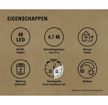 Kenmerken van de LED-verlichting: 48 LED-lampen, 4,7 meter verlichtingstraject, geschikt voor binnen en buiten, werkt op batterijen, timerfunctie (6 uur aan / 18 uur uit), dimbaar. Batterijen niet inbegrepen