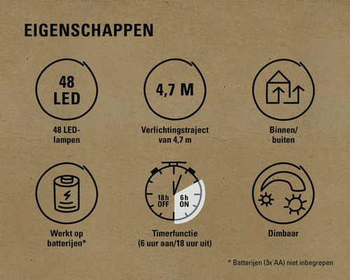 Kenmerken van de LED-verlichting: 48 LED-lampen, 4,7 meter verlichtingstraject, geschikt voor binnen en buiten, werkt op batterijen, timerfunctie (6 uur aan / 18 uur uit), dimbaar. Batterijen niet inbegrepen