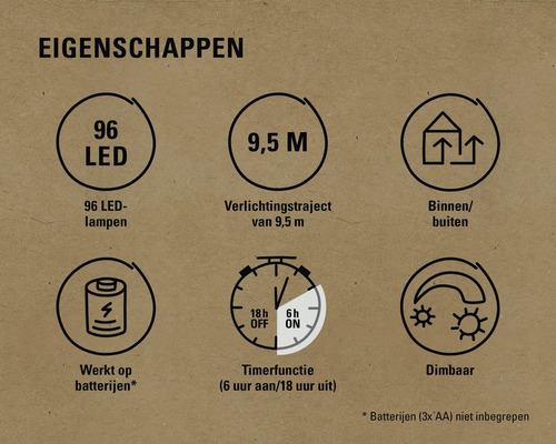 Eigenschappen: 96 led lampen, 9,5 meter verlichtingstraject, geschikt voor binnen en buiten, werkt op batterijen, timerfunctie, dimbaar