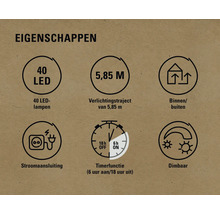 Eigenschappen: 40 LEDs, 5,85 meter lengte, voor binnen en buiten, stroomaansluiting, timerfunctie, dimbaar