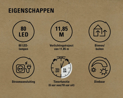 Eigenschappen: 80 LEDs, 11,85 meter lengte, binnen en buiten, stroomaansluiting, timerfunctie, dimbaar