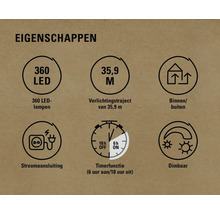 Kenmerken: 360 ledlampen, 35,9 meter verlichtingstraject, geschikt voor binnen en buiten, stroomaansluiting, timerfunctie (zes uur aan, achttien uur uit), dimbaar