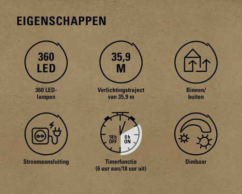 Kenmerken: 360 ledlampen, 35,9 meter verlichtingstraject, geschikt voor binnen en buiten, stroomaansluiting, timerfunctie (zes uur aan, achttien uur uit), dimbaar
