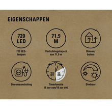 Kenmerken: 720 LED lampen, 71,9 meter verlichtingstraject, geschikt voor binnen en buiten, stroomaansluiting, timerfunctie (zes uur aan en achttien uur uit), dimbaar