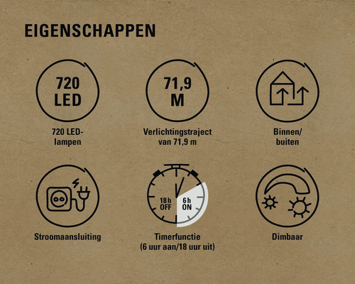 Kenmerken: 720 LED lampen, 71,9 meter verlichtingstraject, geschikt voor binnen en buiten, stroomaansluiting, timerfunctie (zes uur aan en achttien uur uit), dimbaar