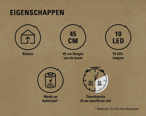 Eigenschappen: Geschikt voor binnen, 45 centimeter hoog, 10 LEDs, werkt op batterijen, timerfunctie