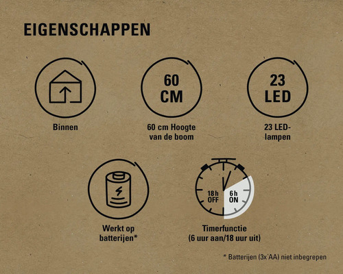 Eigenschappen: Geschikt voor binnen, 60 centimeter hoog, 23 LEDs, werkt op batterijen, timerfunctie zes uur aan en 18 uur uit
