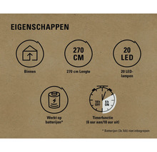 Kenmerken: geschikt voor binnen, 270 centimeter lengte, 20 ledlampen, werkt op batterijen, timerfunctie (6 uur aan, 18 uur uit)