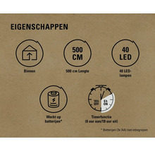 Eigenschappen: Geschikt voor binnen, 500 cm lengte, 40 LEDs, Werkt op batterijen, Timerfunctie