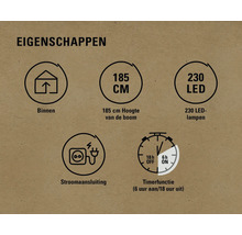 Eigenschappen: Geschikt voor binnen, 185 centimeter hoog, 230 ledlampen, stroomaansluiting, timerfunctie (zes uur aan, achttien uur uit)