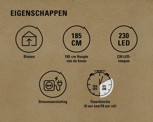 Eigenschappen: Geschikt voor binnen, 185 centimeter hoog, 230 ledlampen, stroomaansluiting, timerfunctie (zes uur aan, achttien uur uit)