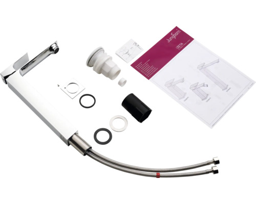 Afbeelding van een wastafelmengkraan met toebehoren en montage-instructies