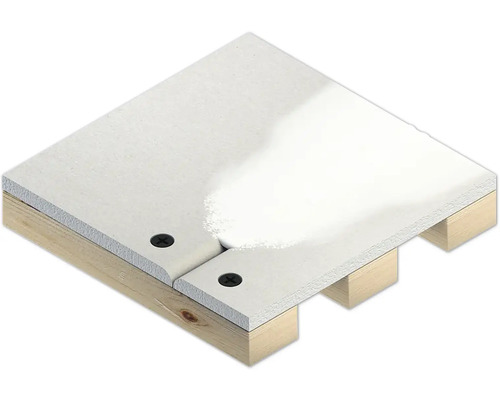 Detailopname van een gipsplaat bevestigd op een houten constructie.