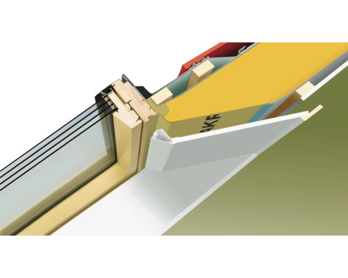 Dwarsdoorsnede van een dakraam met kozijn, glas en isolatie